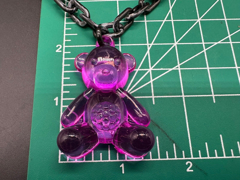 Acrylic Cable Link Chain Fuchsia Pink Bear Pendant Necklace   18” Long Black