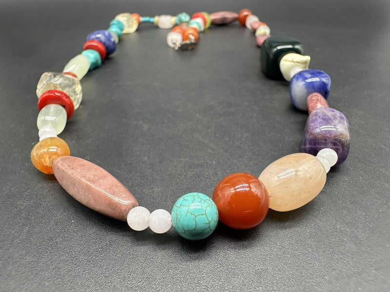 Semi Precious Gem Stone Bead Necklace 24” Agate Beads 925 Lobster Clasp