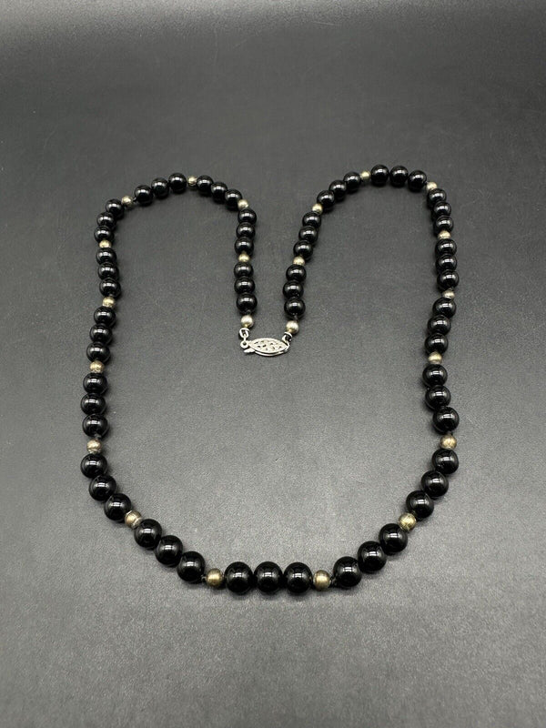 Sterling Silver Onyx Bead Necklace Knotted Vintage 20”