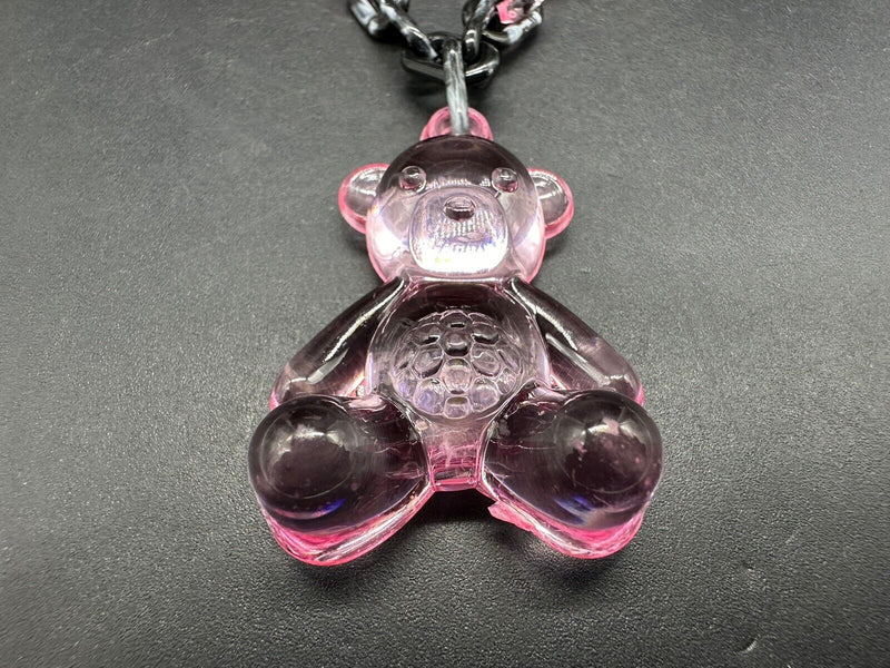 Acrylic Cable Link Chain Crystal Bear Pendant Necklace   18” Long Black & Pink