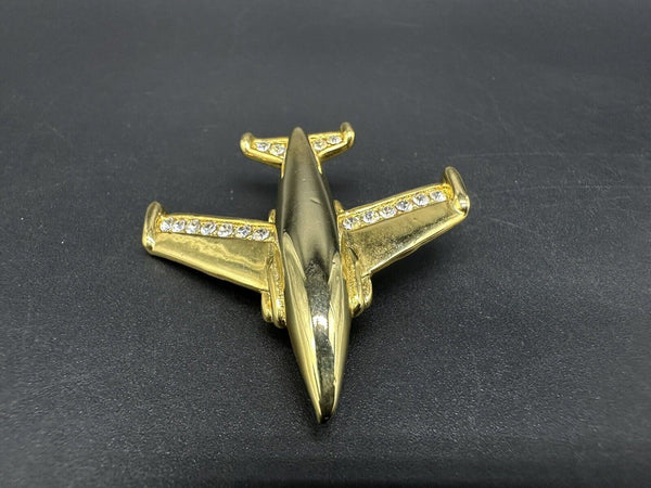 Kirks Folly Airplane Brooch Gold Tone Rhinestone