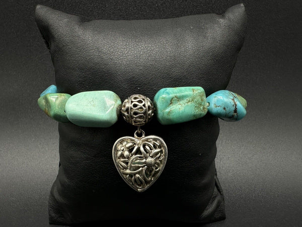 WK Whitney Kelly Sterling Silver Heart Turquoise Bead Nugget Stretch Bracelet