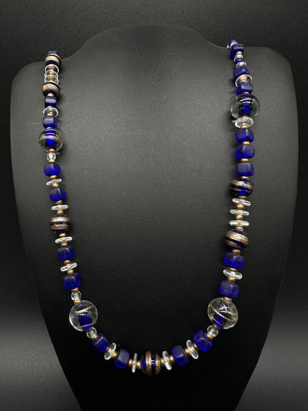 Blue Art Glass Smooth Beads Necklace 25”