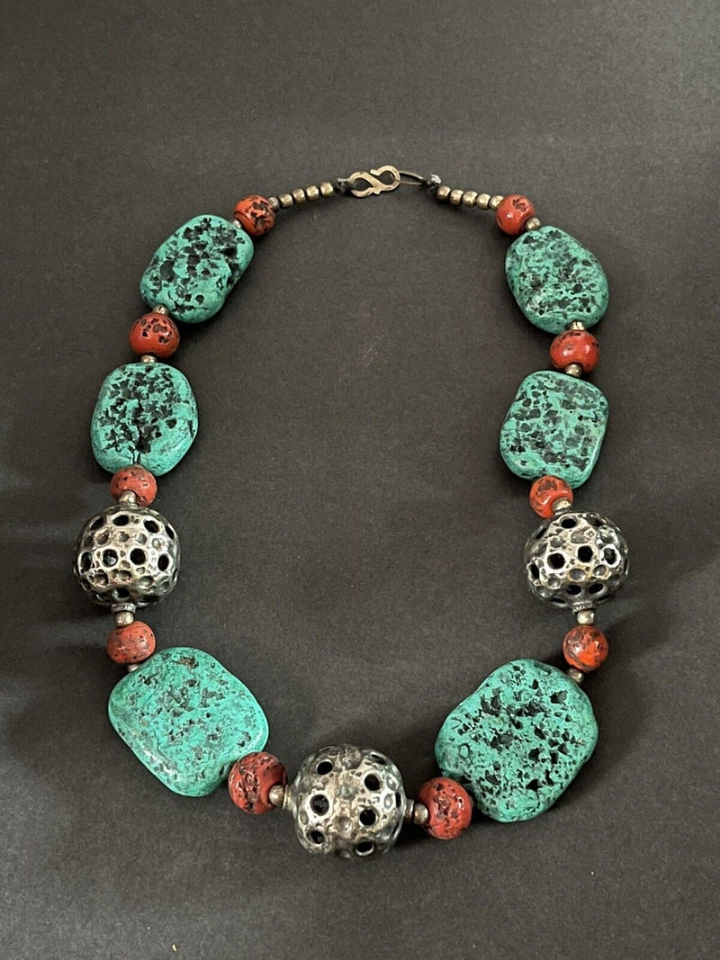 Tibetan Silver Coral/Turquoise Large Bead Necklace  (Heavy)