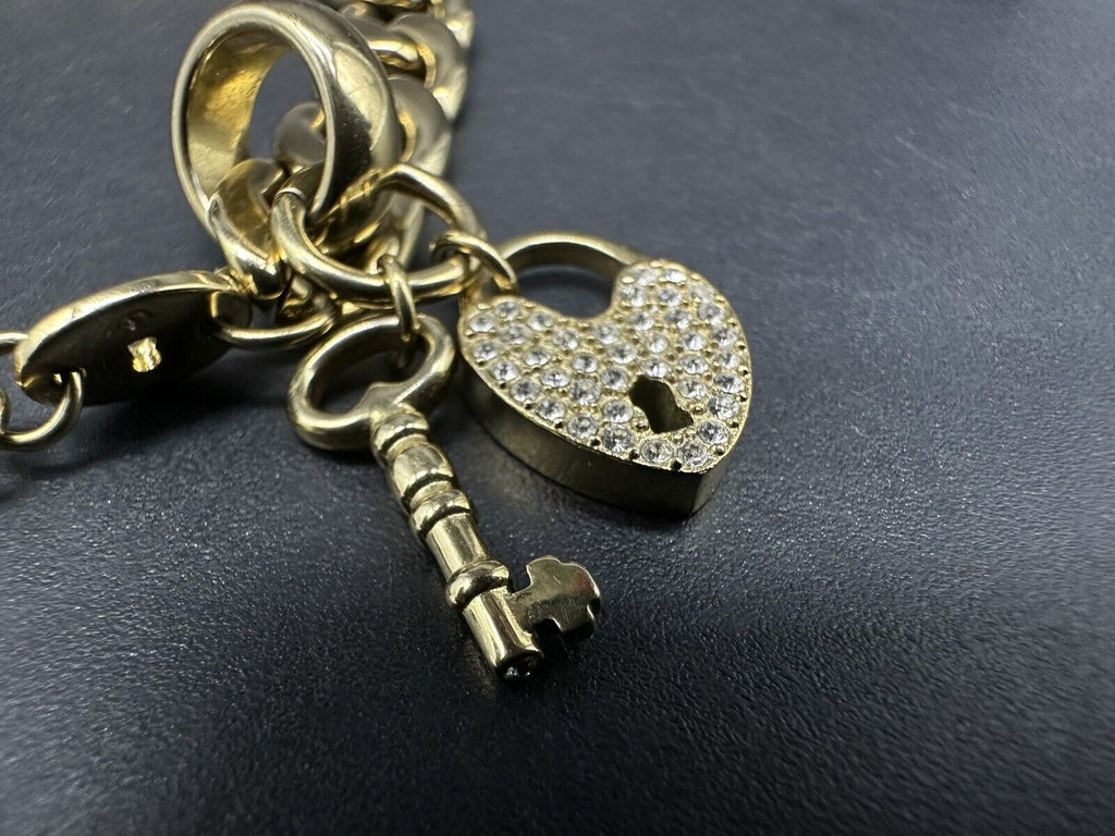 FOSSIL GOLD TONE S/STEEL HEART CRYSTAL PAVE+KEY CHARMS BRACELET 7”