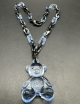 Acrylic Cable Link Chain Crystal Bear Pendant Necklace 17” Long Black & Blue