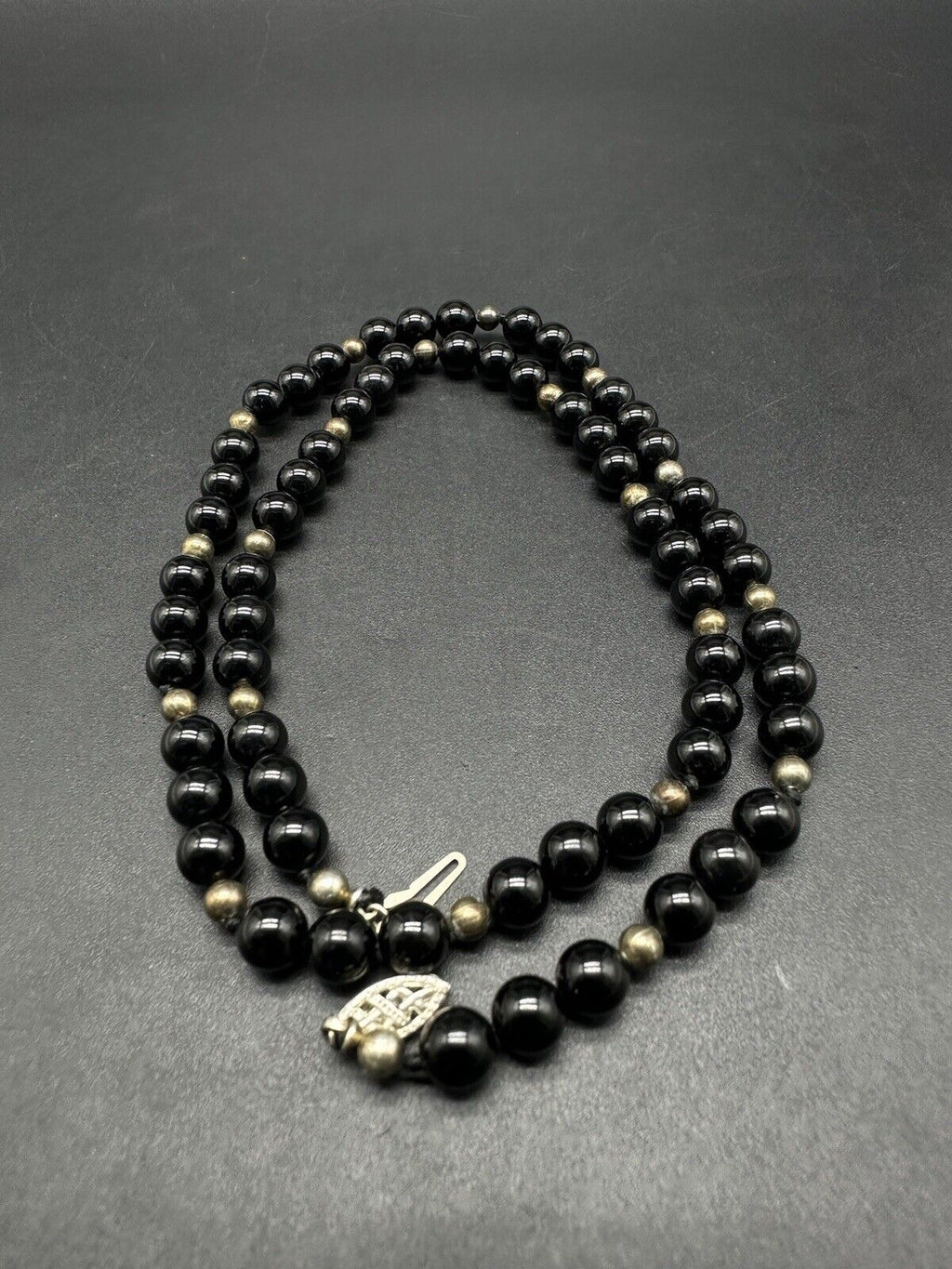 Sterling Silver Onyx Bead Necklace Knotted Vintage 20”