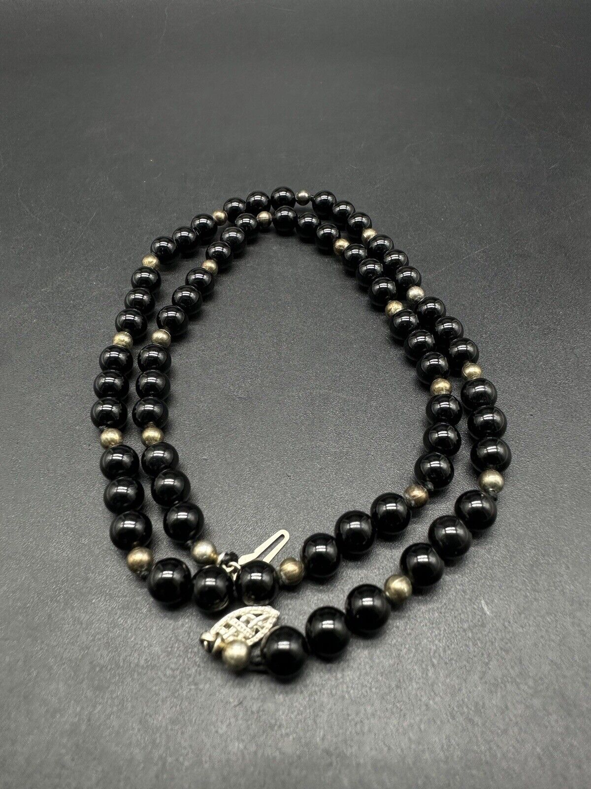 Sterling Silver Onyx Bead Necklace Knotted Vintage 20”