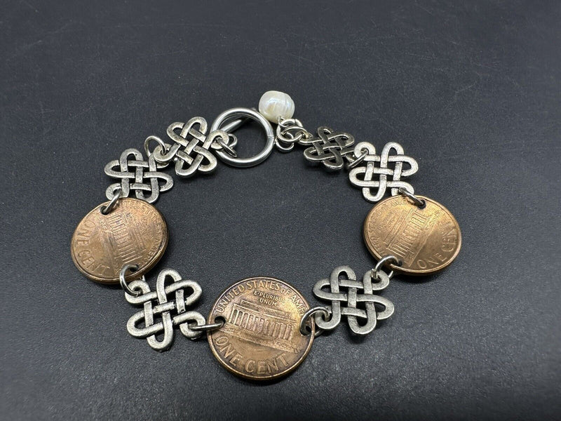 Vtg Sterling Silver Penny Link Bracelet  7”