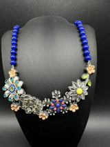 LIA SOPHIA SILVER-TONE BLUE BEAD NECKLACE FLOWER ACRYLIC RHINESTONE PENDANT