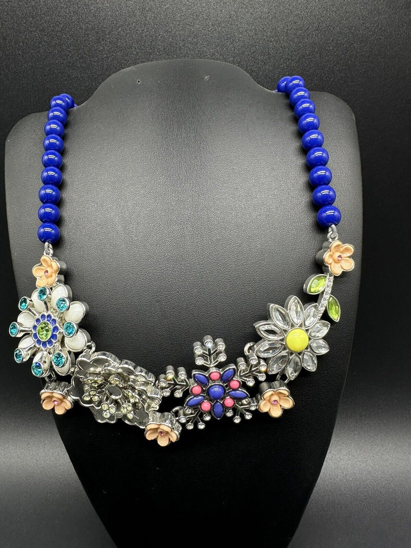 LIA SOPHIA SILVER-TONE BLUE BEAD NECKLACE FLOWER ACRYLIC RHINESTONE PENDANT