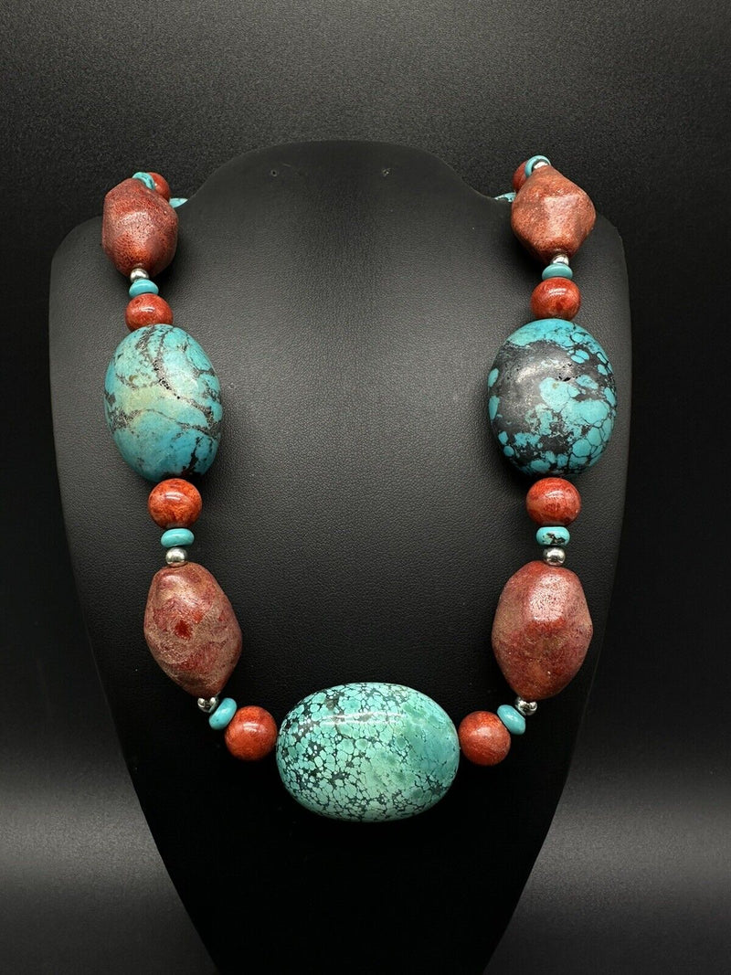 925 Sterling Silver Chunky Turquoise and Apple Coral Bead Necklace 20”