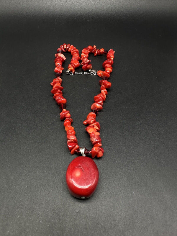 Red Coral statement necklace /Silver Pendant Necklace 19”