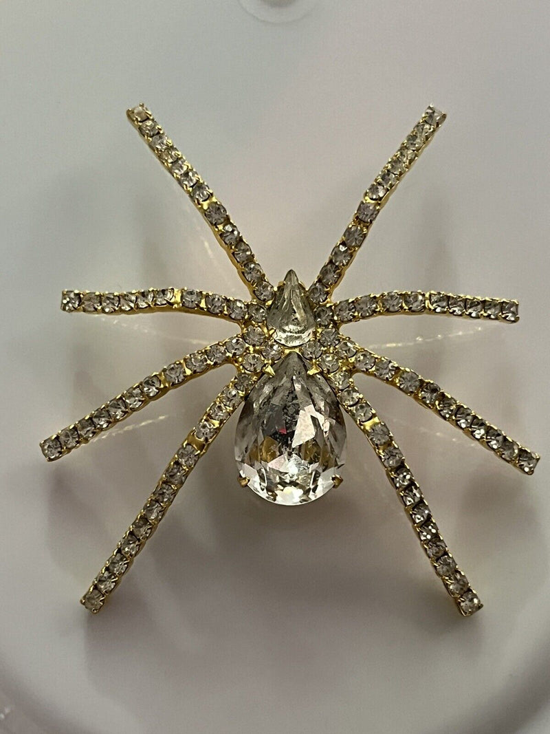 Clear Crystal Rhinestone Gold Tone  LARGE SPIDER Pin Brooch 2.5”