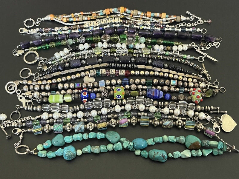 Sterling Silver Gemstone Crystal Glass Bead Bracelets 240 grams 19 pcs