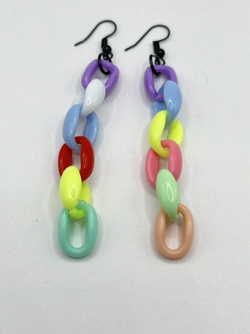 Fun Acrylic Bright Crazy Mix Link Chain Dangle Earrings 3.5”