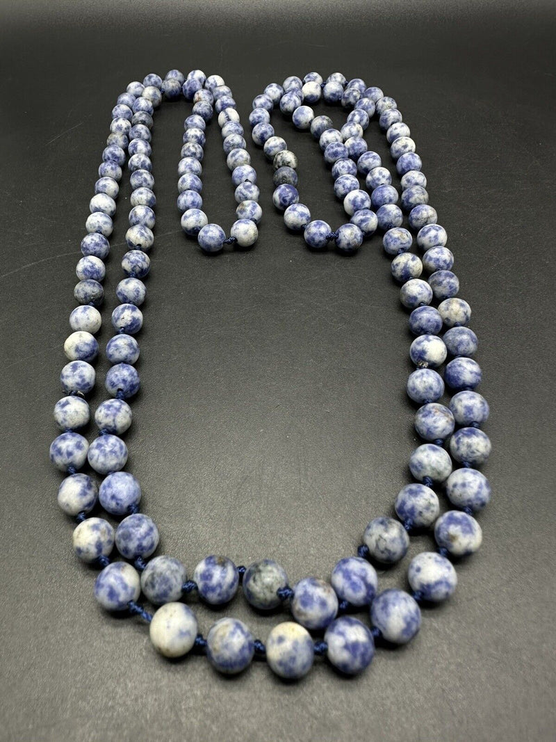 Natural 9mm Blue Spot Jasper Round Gemstone Knotted Beads Necklace 60”