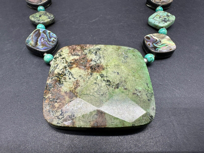 Beaded African Turquoise Abalone Square Pendant Sterling Silver 925 Necklace 20”