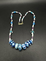 Vintage Art Glass Bead 20” Necklace~Blue White