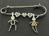 Vintage Large Sterling Silver Mom Charm Brooch~925 Safety Pin Dangle Kids Charms