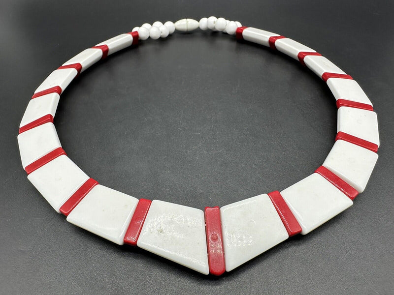 Vintage Lucite White and Red Necklace 19”  & Bracelet 8” Set