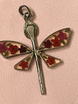 925 Sterling Silver Floral Flower Inlay Dragonfly Pendant 2.25”