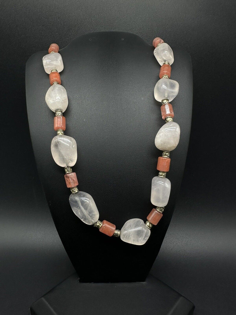 Rose Quartz Gemstone Sterling Silver Beads Necklace, 20”