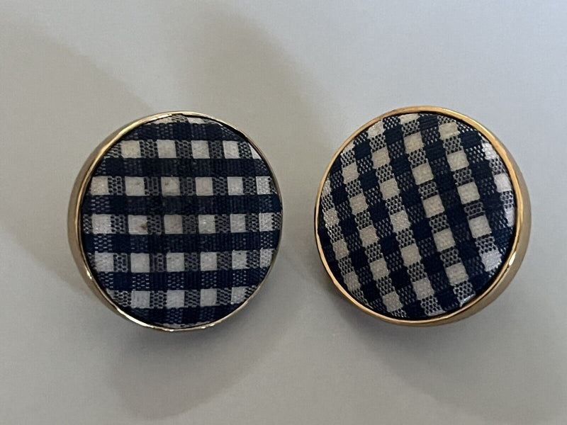 Kate Spade Set Sail Button Earrings  Fabric Checked Gold Tone Blue