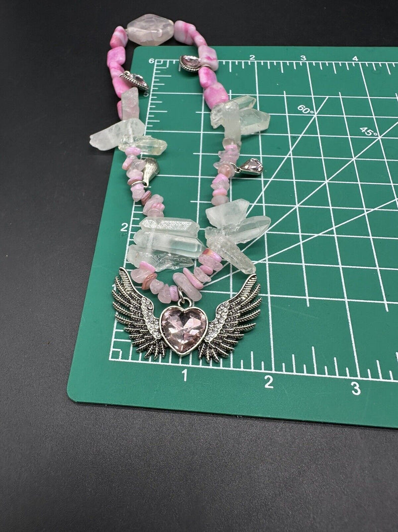 Pink Heart & Wings Crystal Bead Choker Necklace 15”