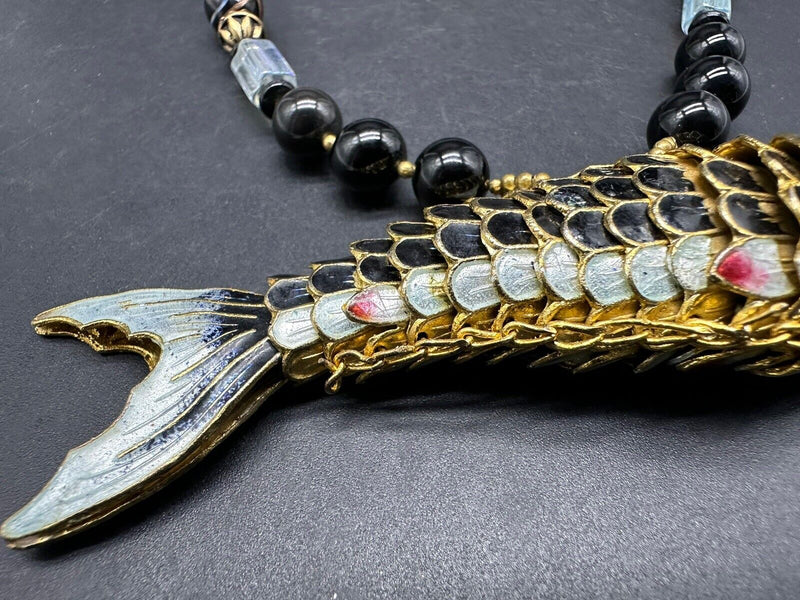 Unique Cloisonné  Enamel Fish Stone Necklace Artisan 18”