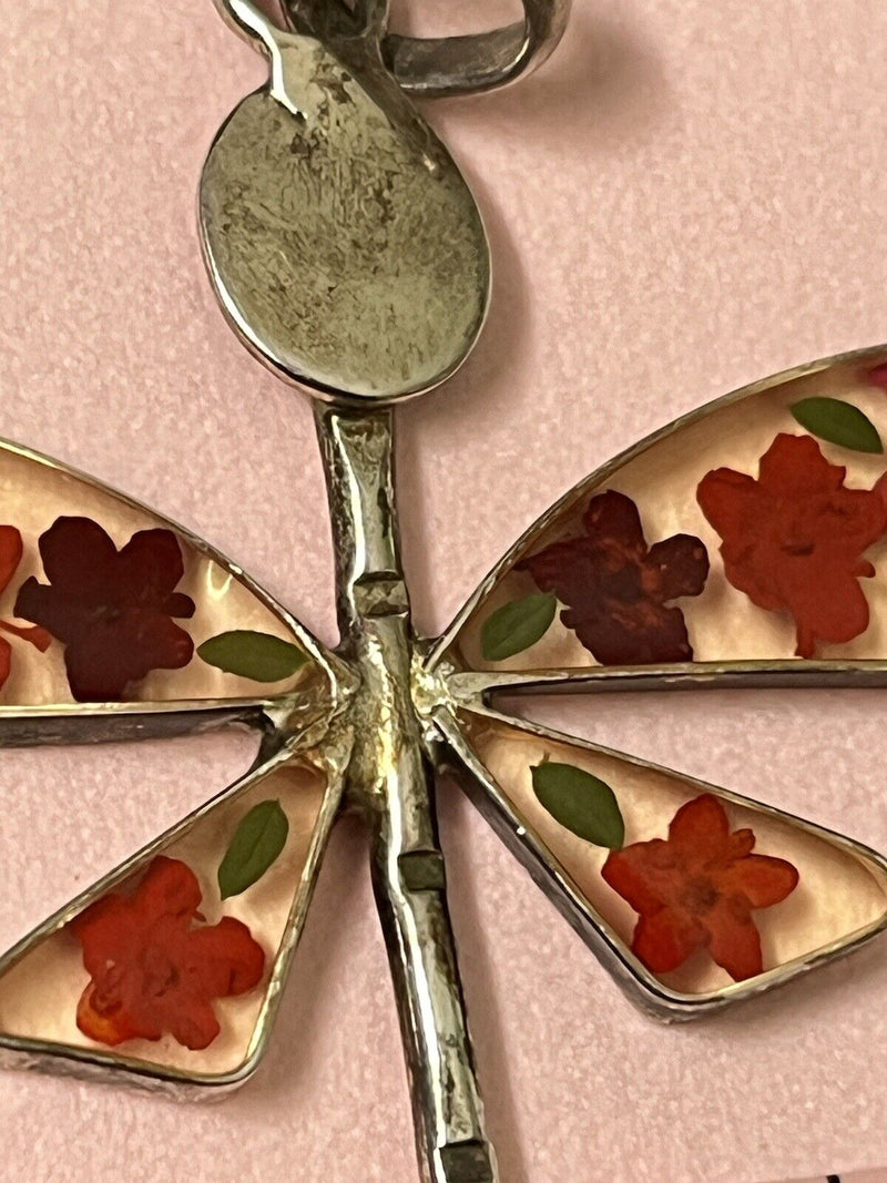 925 Sterling Silver Floral Flower Inlay Dragonfly Pendant 2.25”