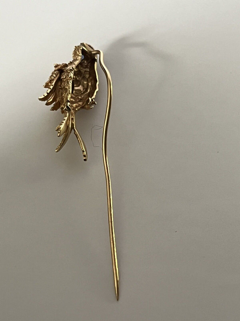 Vintage 14k Yellow Gold & Topaz 3D Figural Bird Designed Stick Pin~6 Grams~2.5”