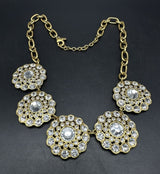 J Crew Floral Panel Necklace Antique Gold Tone Rhinestone Petals Flower 20”