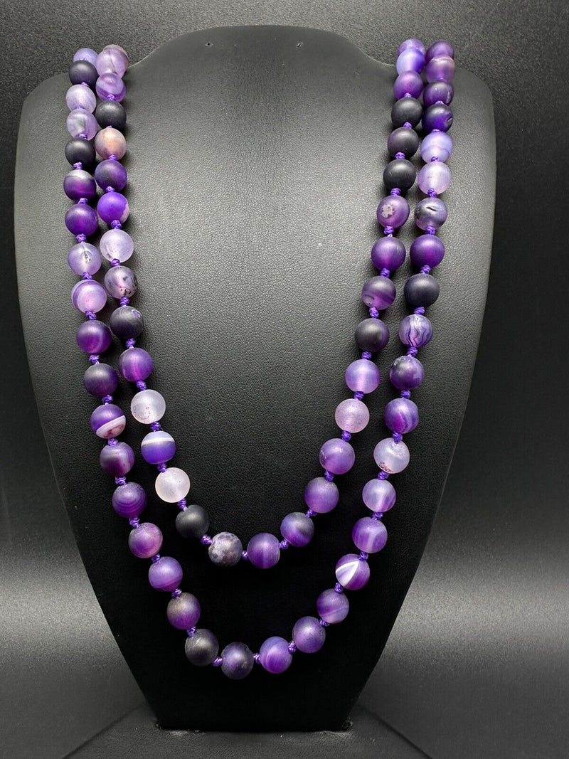 Vintage Purple Agate Knotted Bead Strand Necklace 60” Long