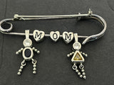 Vintage Large Sterling Silver Mom Charm Brooch~925 Safety Pin Dangle Kids Charms