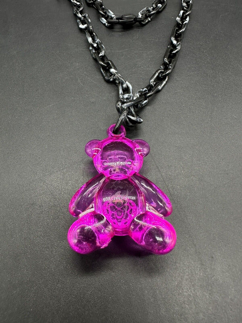 Acrylic Cable Link Chain Fuchsia Pink Bear Pendant Necklace   18” Long Black