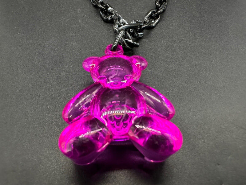 Acrylic Cable Link Chain Fuchsia Pink Bear Pendant Necklace   18” Long Black