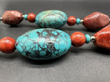 925 Sterling Silver Chunky Turquoise and Apple Coral Bead Necklace 20”