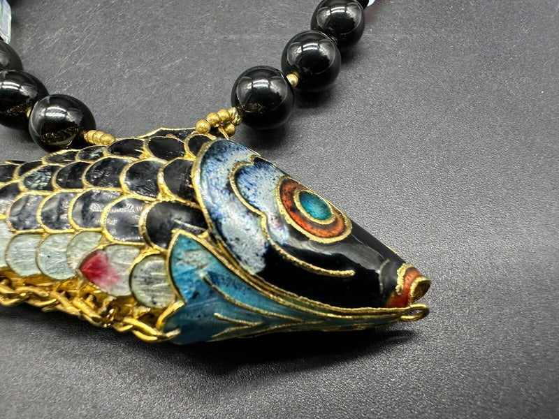 Unique Cloisonné  Enamel Fish Stone Necklace Artisan 18”