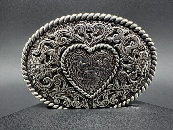 Western Heart Floral Scroll Dress Belt Buckle Cowgirl Love Vintage 90s