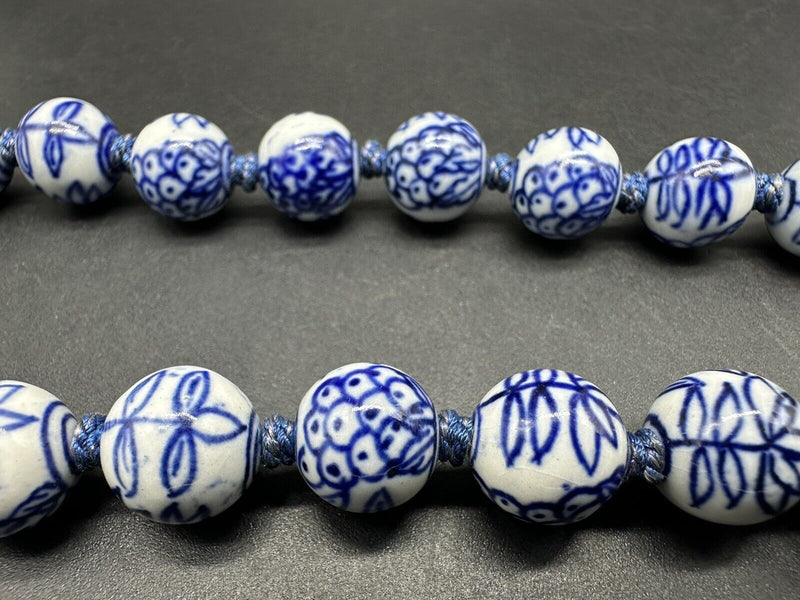 Chinese Shou Bead Vintage Necklace Handpainted Knotted Blue White 28”