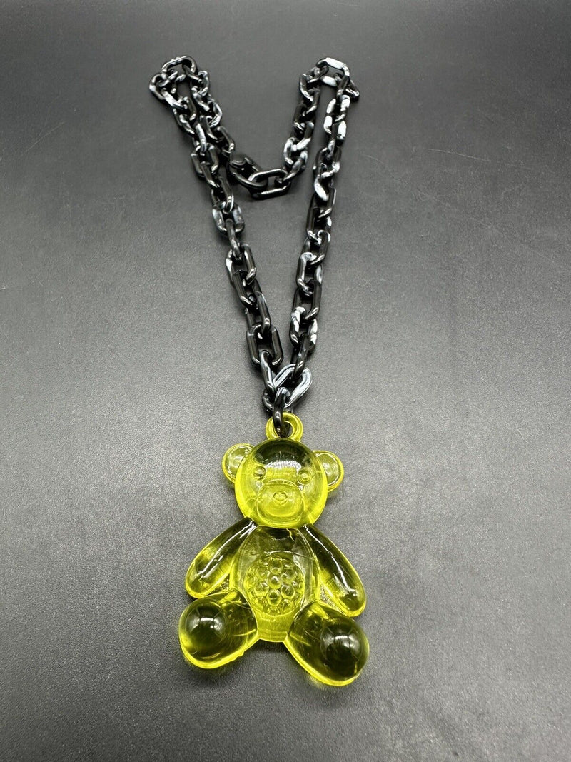 Acrylic Cable Link Chain Crystal Yellow Bear Pendant Necklace 17” Long Black