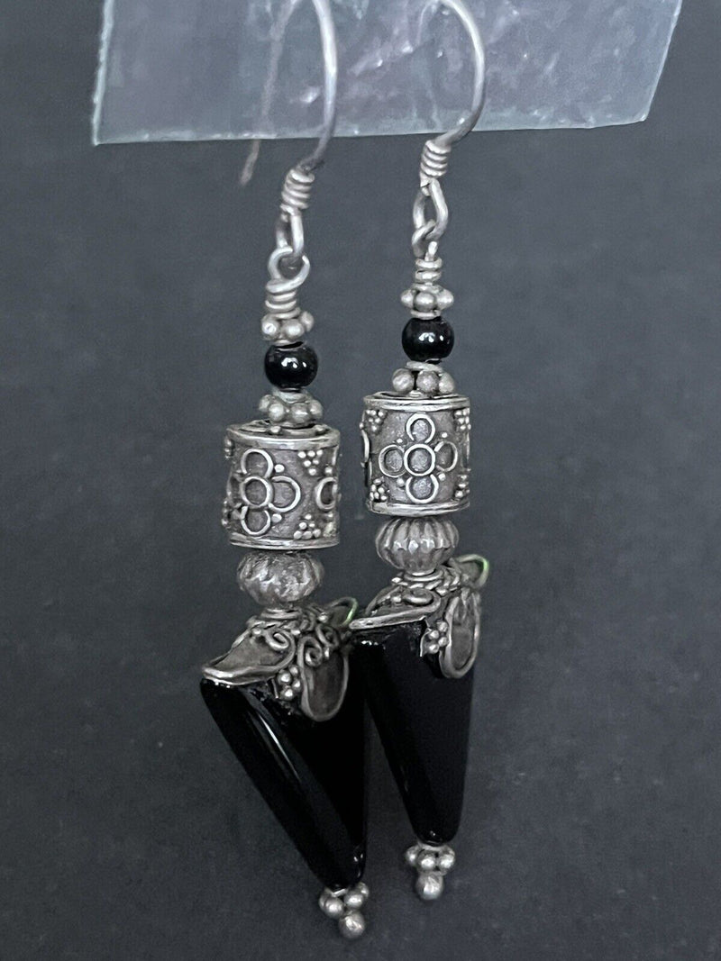 Vintage Sterling Silver Black Tourmaline Dangling Drop Earrings 2.5”