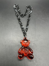 Acrylic Cable Link Chain Red Crystal Bear Pendant Necklace 17” Long Black