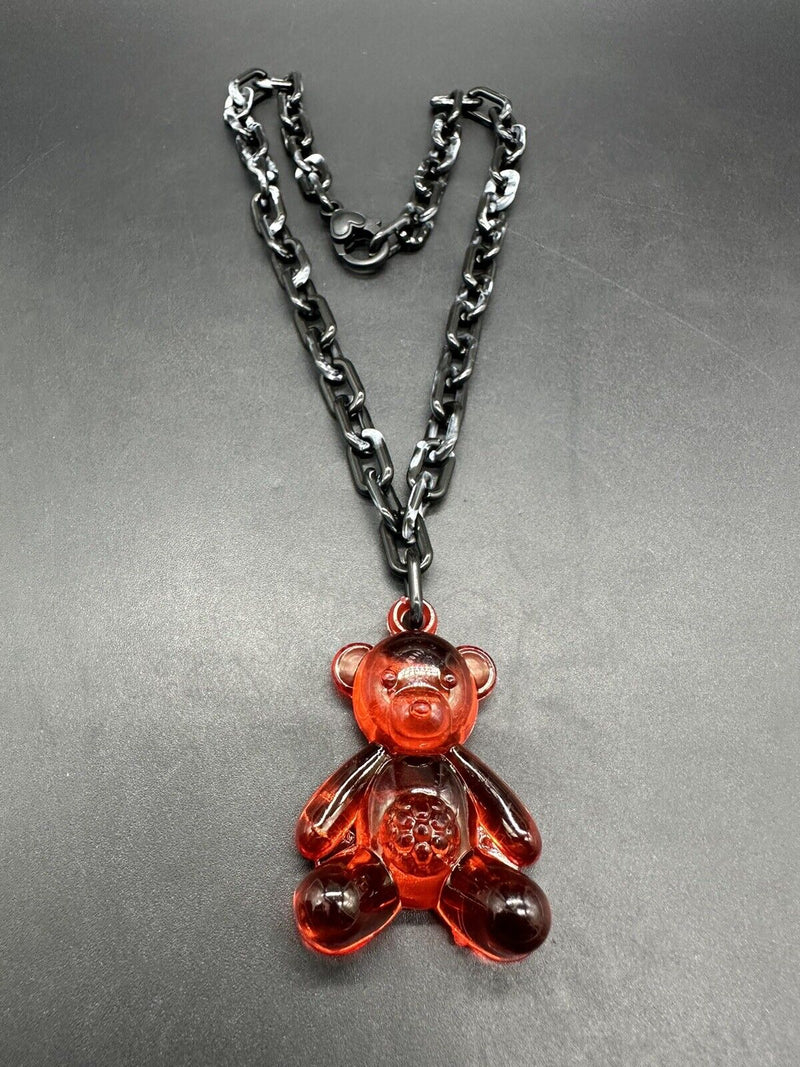 Acrylic Cable Link Chain Red Crystal Bear Pendant Necklace 17” Long Black