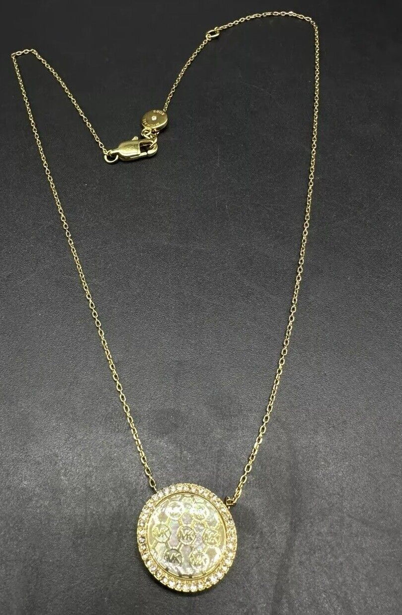 Michael Kors Monogram MOTHER OF PEARL Gold Tone Necklace & Disc Pendant 16-18”