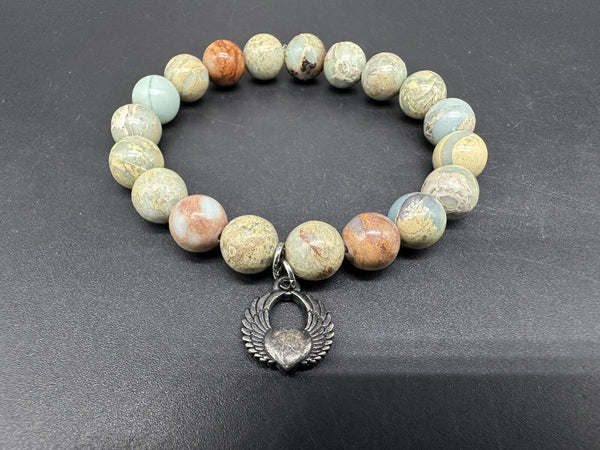 Stretch Jasper? Natural Stone Bead Bracelet 925 Sterling Silver Heart Charm 7”