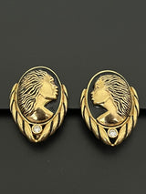 Signed Coreen Simpson Cameo Clipon Black Gold Tone Earrings