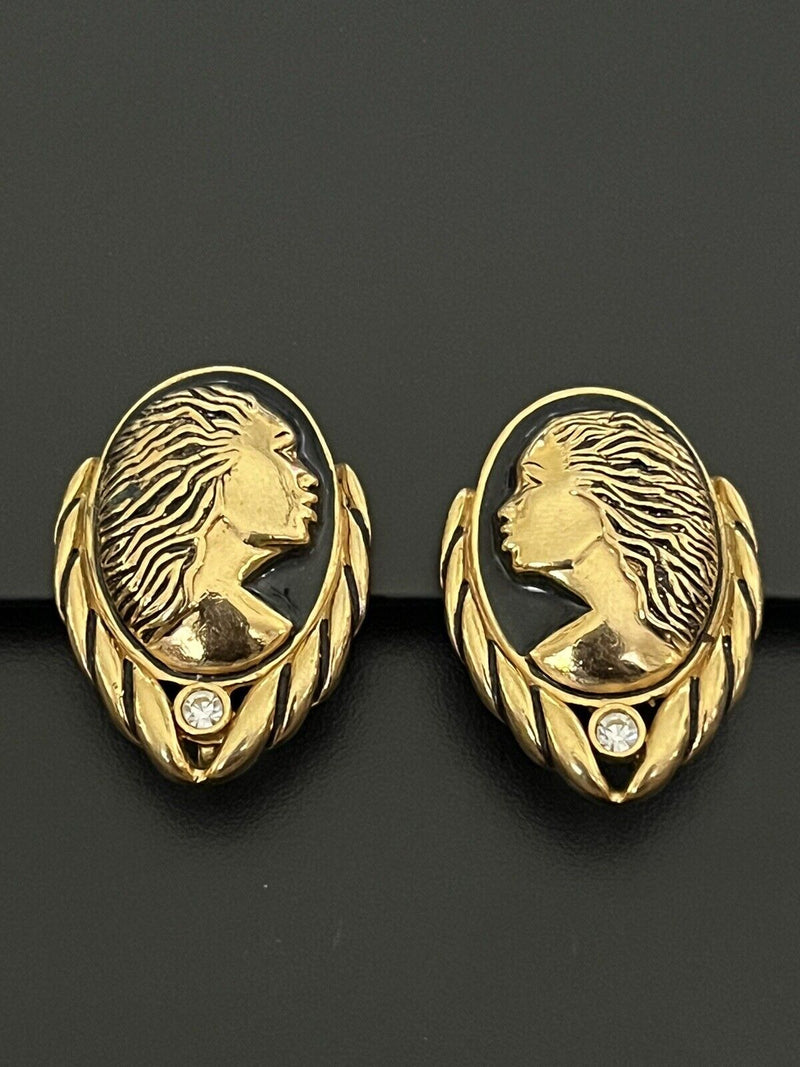 Signed Coreen Simpson Cameo Clipon Black Gold Tone Earrings