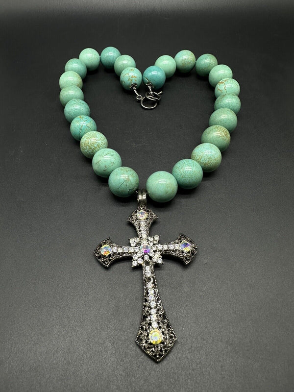 Chunky Faux Turquoise Beaded Cross Necklace 18”